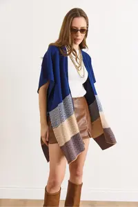 Olalook Women's Navy Blue Zigzag Patterned Poncho Cardigan - Image 2