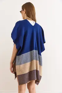 Olalook Women's Navy Blue Zigzag Patterned Poncho Cardigan - Image 3