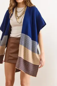 Olalook Women's Navy Blue Zigzag Patterned Poncho Cardigan - Image 4