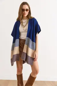 Olalook Women's Navy Blue Zigzag Patterned Poncho Cardigan - Image 5