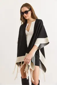 Olalook Women Black Color Bloklu Poncho Cardigan - Image 2