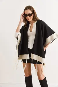 Olalook Women Black Color Bloklu Poncho Cardigan - Image 3