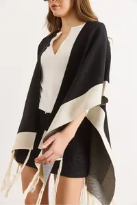 Olalook Women Black Color Bloklu Poncho Cardigan - Image 5