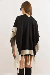 Olalook Women Black Color Bloklu Poncho Cardigan - Image 6