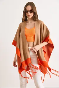 Olalook Women Camel Color Bloklu Poncho Cardigan
