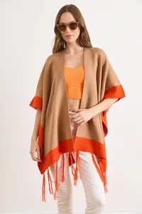 Olalook Women Camel Color Bloklu Poncho Cardigan - Image 2