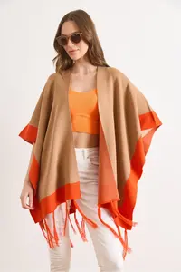 Olalook Women Camel Color Bloklu Poncho Cardigan - Image 3