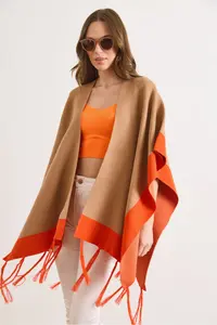Olalook Women Camel Color Bloklu Poncho Cardigan - Image 4