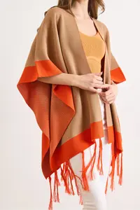 Olalook Women Camel Color Bloklu Poncho Cardigan - Image 5