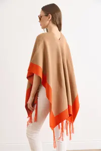 Olalook Women Camel Color Bloklu Poncho Cardigan - Image 6