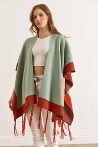 Olalook Women's Mint Green Color Block Poncho Cardigan - Image 3