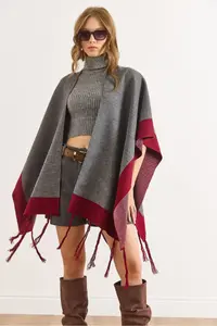 Olalook Women Smoke Gray Color Bloklu Poncho Cardigan - Image 2
