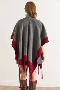 Olalook Women Smoke Gray Color Bloklu Poncho Cardigan - Image 3