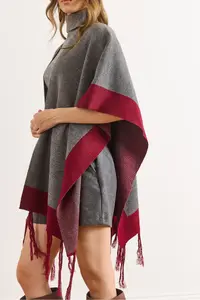 Olalook Women Smoke Gray Color Bloklu Poncho Cardigan - Image 4