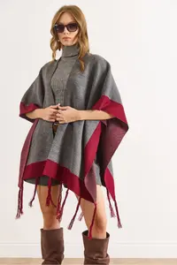 Olalook Women Smoke Gray Color Bloklu Poncho Cardigan - Image 5
