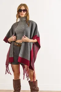 Olalook Women Smoke Gray Color Bloklu Poncho Cardigan - Image 6