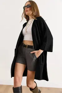 Olalook Women's Black Soft Textured Pocket Knitwear Cardigan