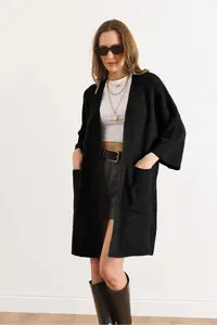Olalook Women's Black Soft Textured Pocket Knitwear Cardigan - Image 3