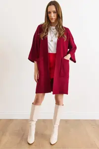 Olalook Women's Burgundy Soft Textured Pocket Knitwear Cardigan