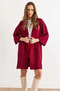 Olalook Women's Burgundy Soft Textured Pocket Knitwear Cardigan - Image 2