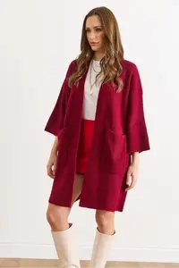 Olalook Women's Burgundy Soft Textured Pocket Knitwear Cardigan - Image 3