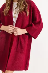 Olalook Women's Burgundy Soft Textured Pocket Knitwear Cardigan - Image 6