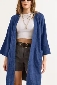 Olalook Women's Indigo Soft Textured Pocket Knitwear Cardigan - Image 2