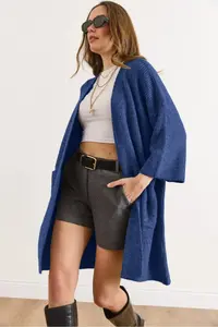 Olalook Women's Indigo Soft Textured Pocket Knitwear Cardigan - Image 3