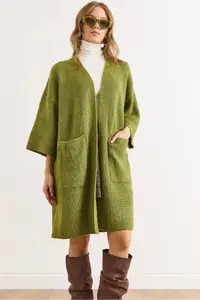 Olalook Women's Oil Green Soft Textured Pocket Knitwear Cardigan