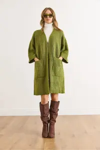 Olalook Women's Oil Green Soft Textured Pocket Knitwear Cardigan - Image 2