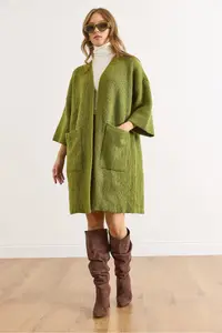 Olalook Women's Oil Green Soft Textured Pocket Knitwear Cardigan - Image 3