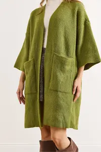 Olalook Women's Oil Green Soft Textured Pocket Knitwear Cardigan - Image 5