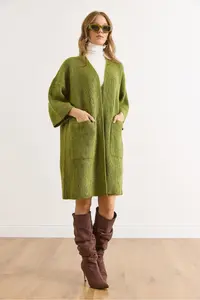 Olalook Women's Oil Green Soft Textured Pocket Knitwear Cardigan - Image 6