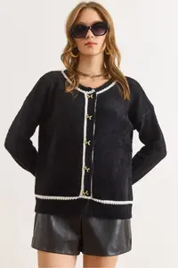 Olalook Women's Black Button Detailed Striped Beard Knitwear Cardigan