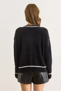 Olalook Women's Black Button Detailed Striped Beard Knitwear Cardigan - Image 2
