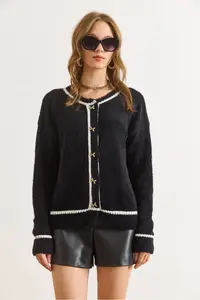 Olalook Women's Black Button Detailed Striped Beard Knitwear Cardigan - Image 3
