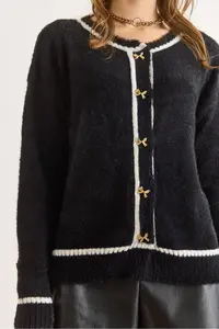 Olalook Women's Black Button Detailed Striped Beard Knitwear Cardigan - Image 4