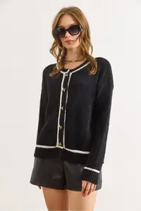 Olalook Women's Black Button Detailed Striped Beard Knitwear Cardigan - Image 5