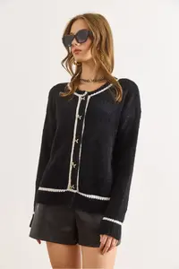 Olalook Women's Black Button Detailed Striped Beard Knitwear Cardigan - Image 6
