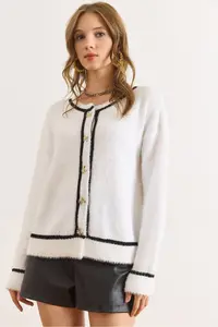 Olalook Women's White Button Detailed Striped Beard Knitwear Cardigan - Image 3