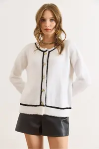 Olalook Women's White Button Detailed Striped Beard Knitwear Cardigan - Image 4