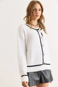 Olalook Women's White Button Detailed Striped Beard Knitwear Cardigan - Image 5