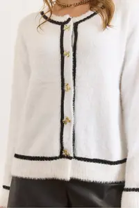 Olalook Women's White Button Detailed Striped Beard Knitwear Cardigan - Image 6