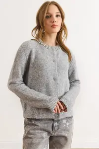 Olalook Women's Gray Collar Stone Detailed Heart Button Knitwear Cardigan