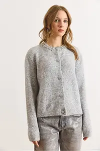 Olalook Women's Gray Collar Stone Detailed Heart Button Knitwear Cardigan - Image 2