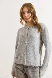 Olalook Women's Gray Collar Stone Detailed Heart Button Knitwear Cardigan - Image 3
