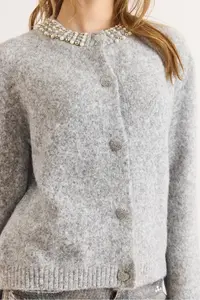 Olalook Women's Gray Collar Stone Detailed Heart Button Knitwear Cardigan - Image 5
