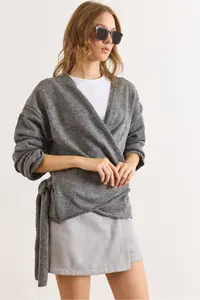 Olalook Women's Smoked Double Breasted Collar Tie-Down Knitwear Cardigan