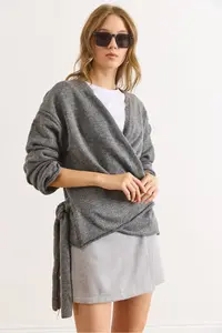 Olalook Women's Smoked Double Breasted Collar Tie-Down Knitwear Cardigan - Image 3