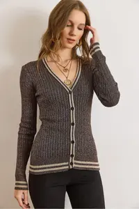 Olalook Women's Brown Stripe Detailed Hair Knitted Knitwear Cardigan